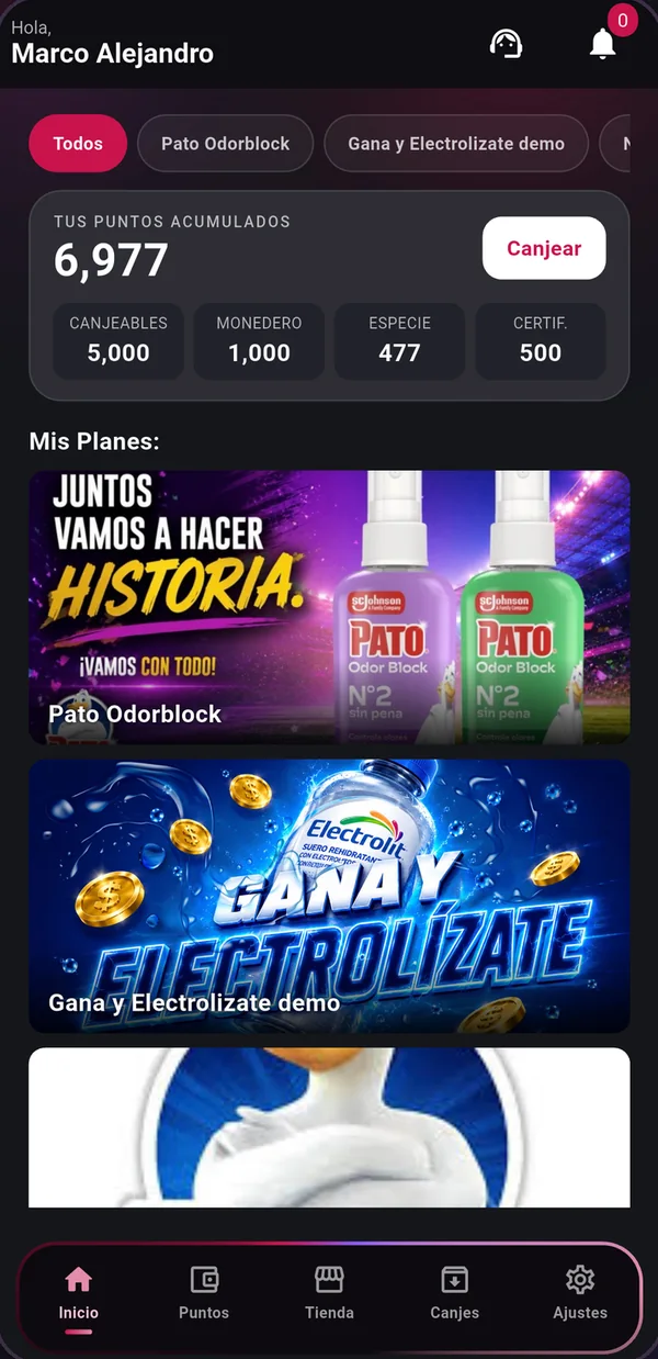 Fuerza Maestra · Pantalla de inicio con planes y puntos